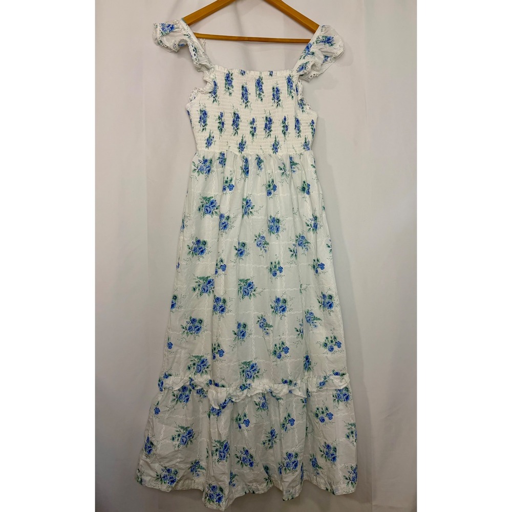 Shabby Chic Blue Floral Eyelet Cottage Maxi Dress Ruffle Dainty‎ Women Size 4
